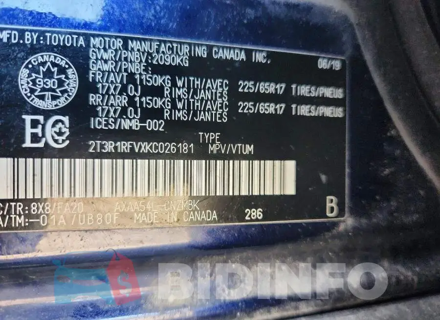 2T3R1RFVXKC026181 Photo# 13