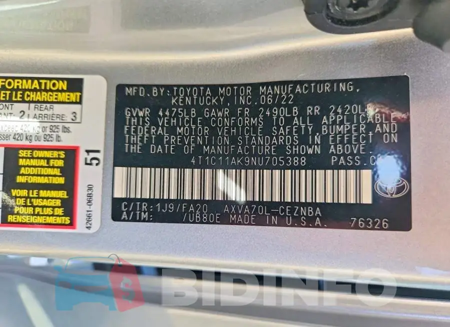 4T1C11AK9NU705388 Photo# 12