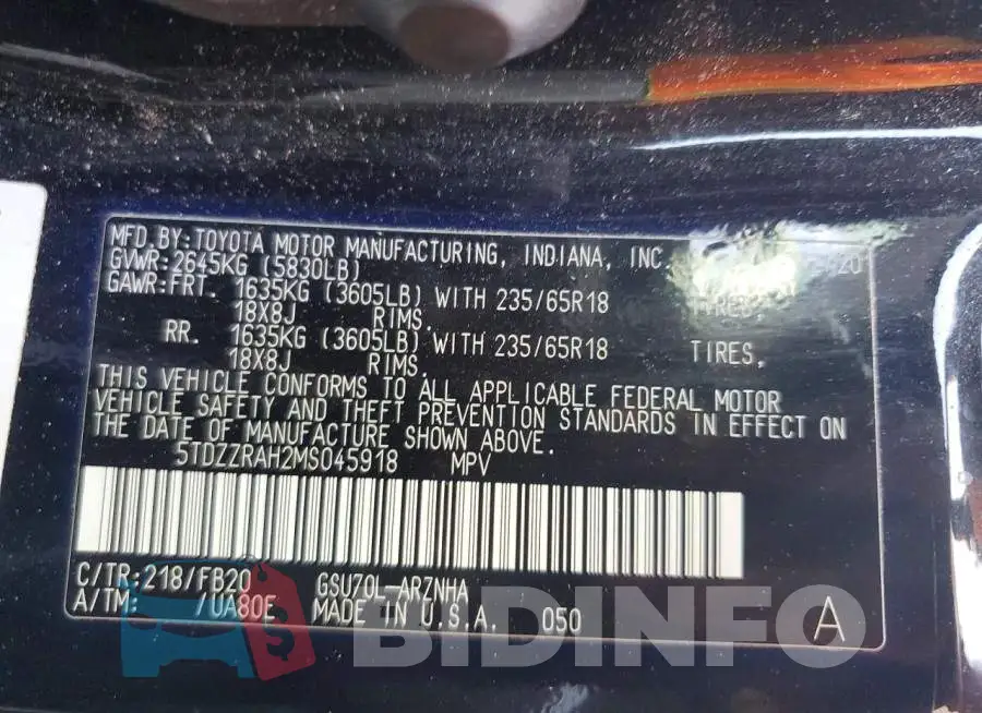 5TDZZRAH2MS045918 Photo# 14