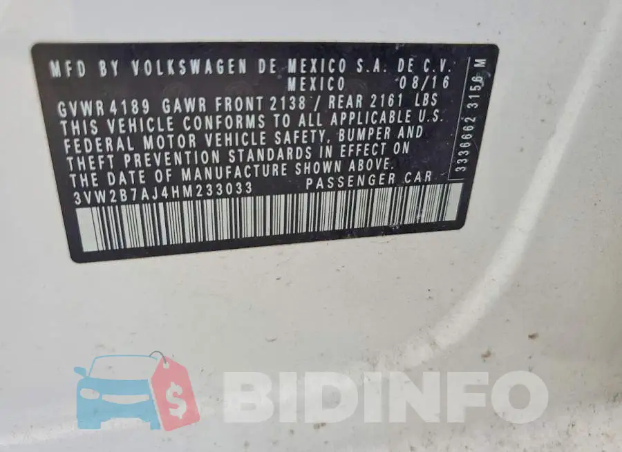 3VW2B7AJ4HM233033 Photo# 12