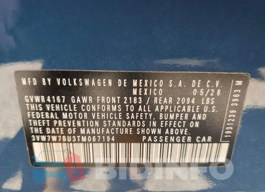 3VW7W7BU3TM067194 Photo# 12