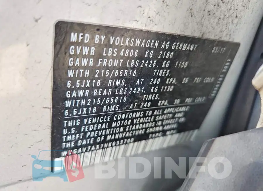 WVGAV7AX7HK033700 Photo# 14