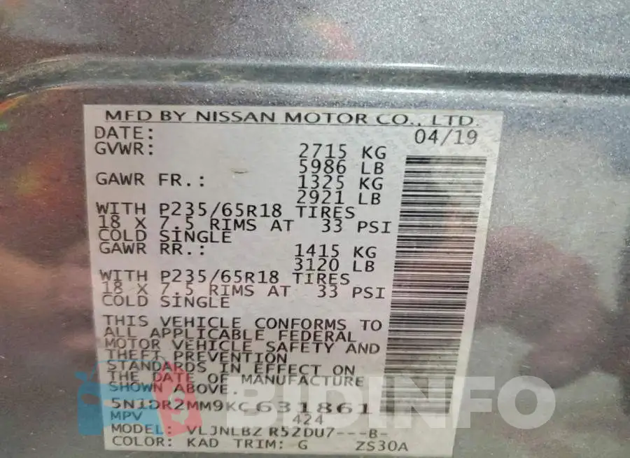 5N1DR2MM9KC631861 Photo# 13