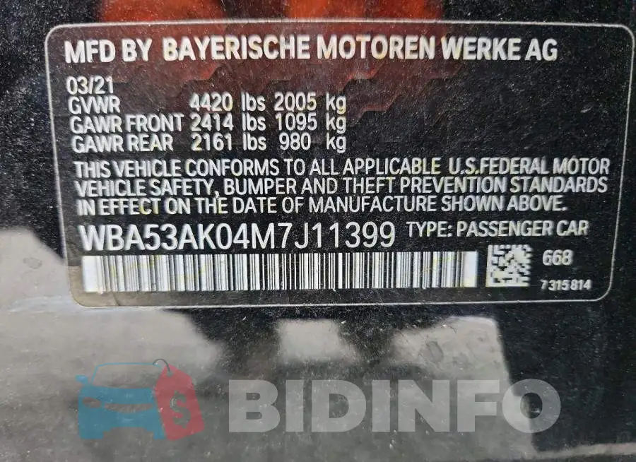 WBA53AK04M7J11399 Photo# 12