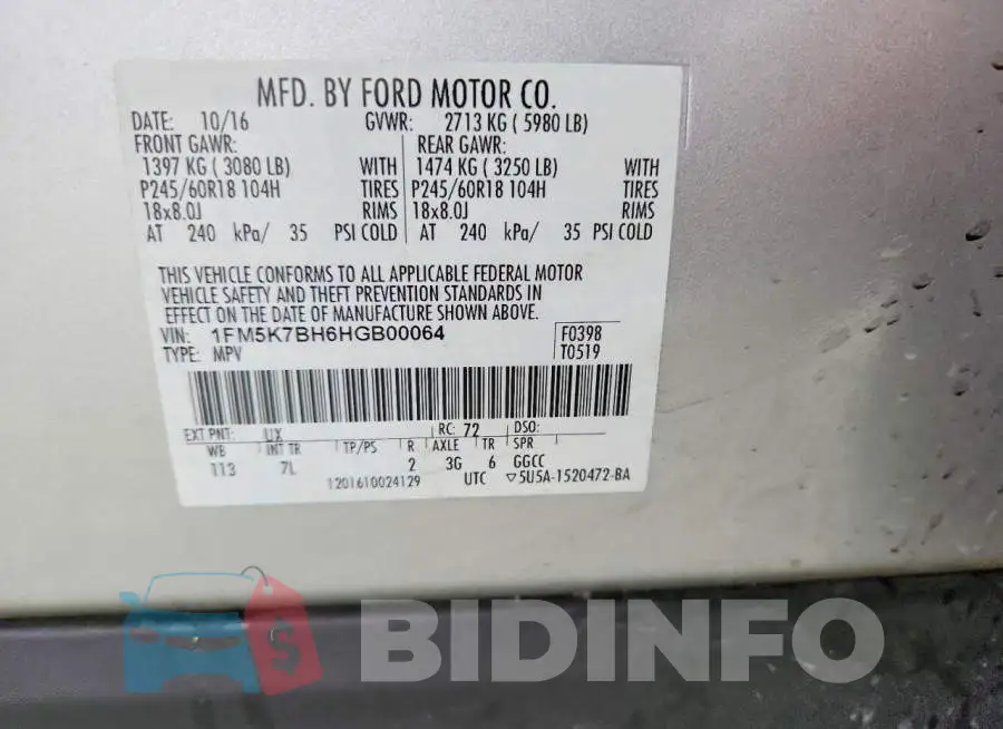 1FM5K7BH6HGB00064 Photo# 13