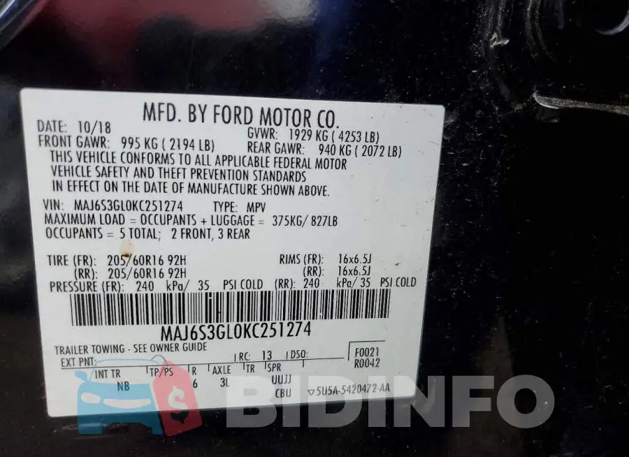 MAJ6S3GL0KC251274 Photo# 13