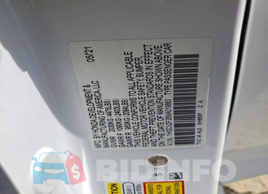 1HGCV2F35MA019883 Photo# 13