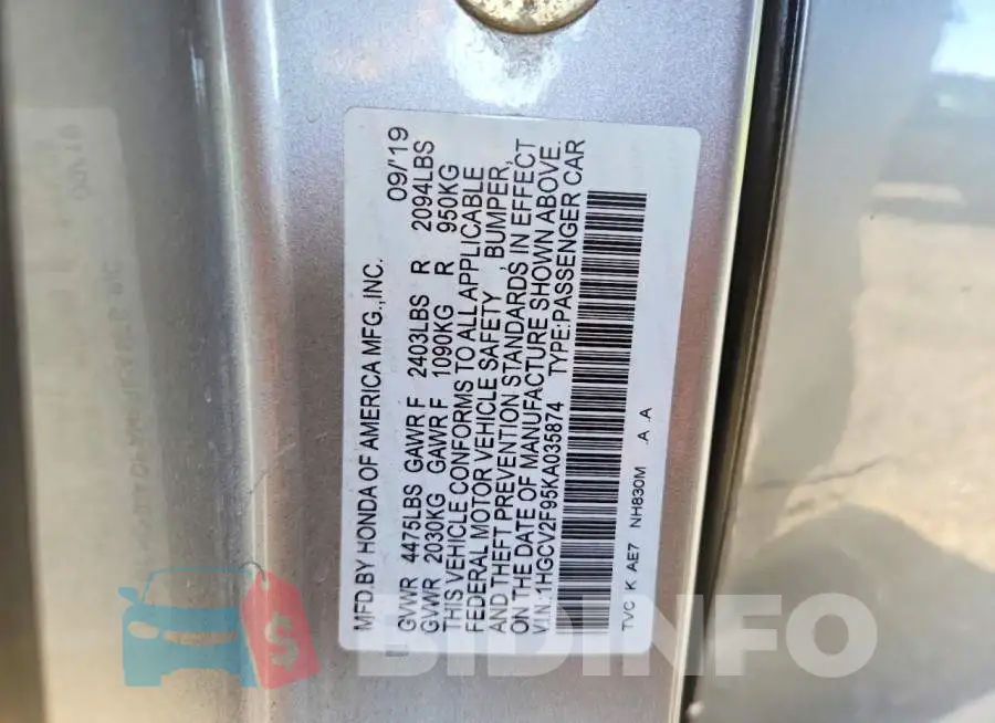 1HGCV2F95KA035874 Photo# 12