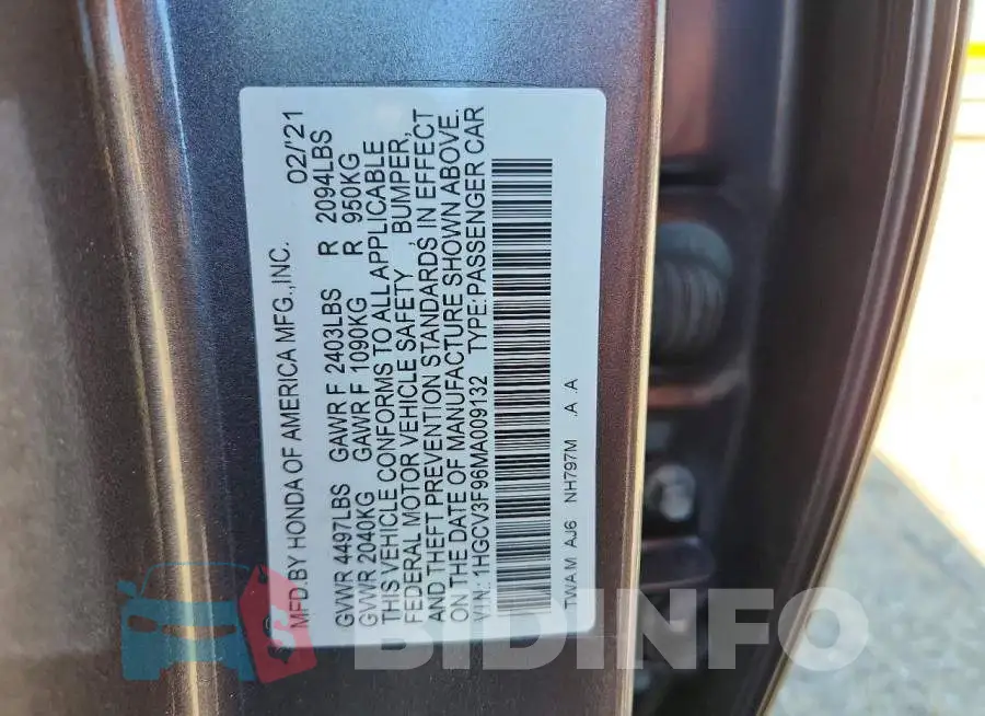1HGCV3F96MA009132 Photo# 12