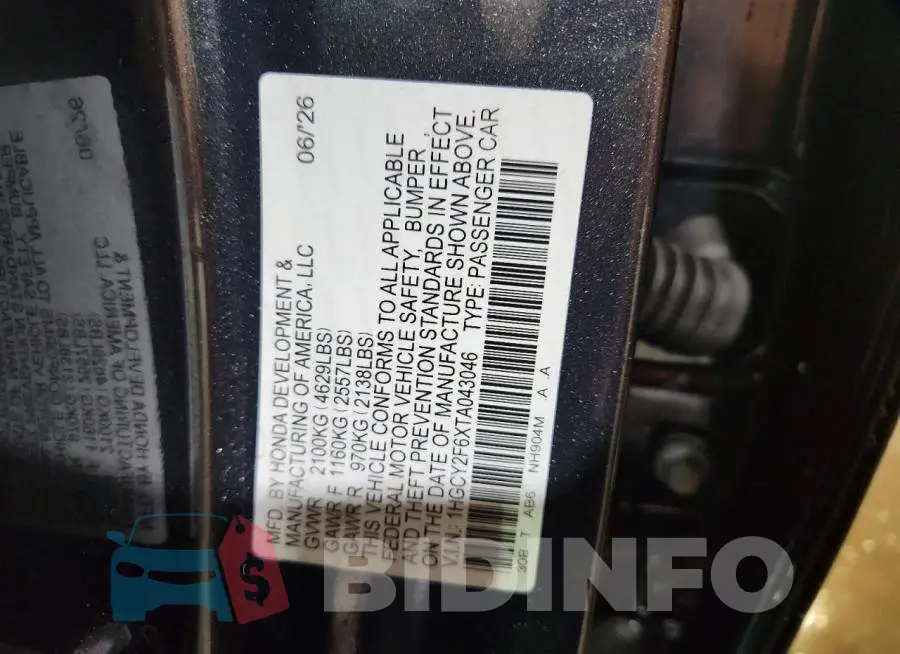 1HGCY2F6XTA043046 Photo# 12