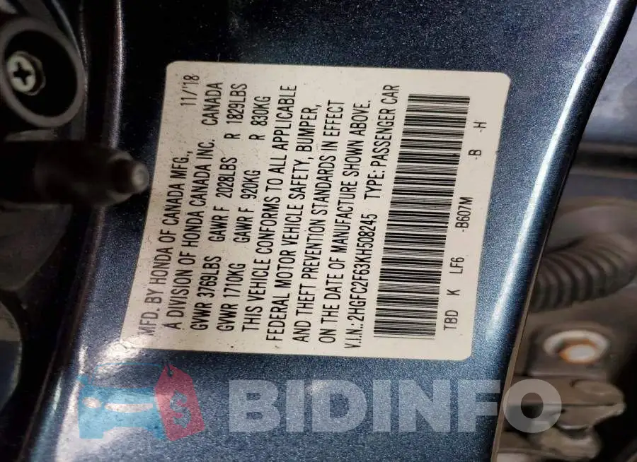 2HGFC2F63KH508245 Photo# 12