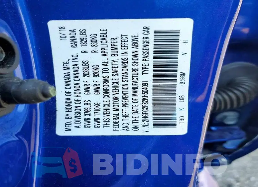 2HGFC2F82KH504091 Photo# 12