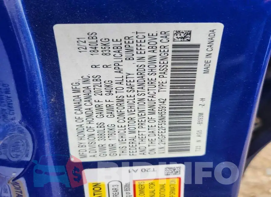 2HGFE2F59NH559142 Photo# 13