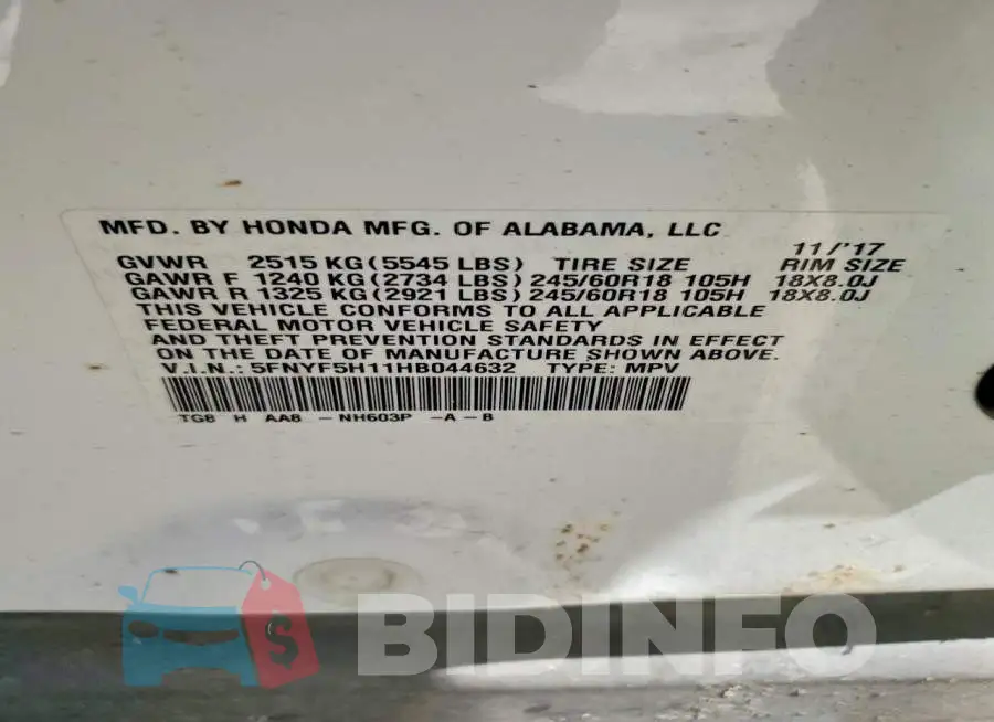 5FNYF5H11HB044632 Photo# 13
