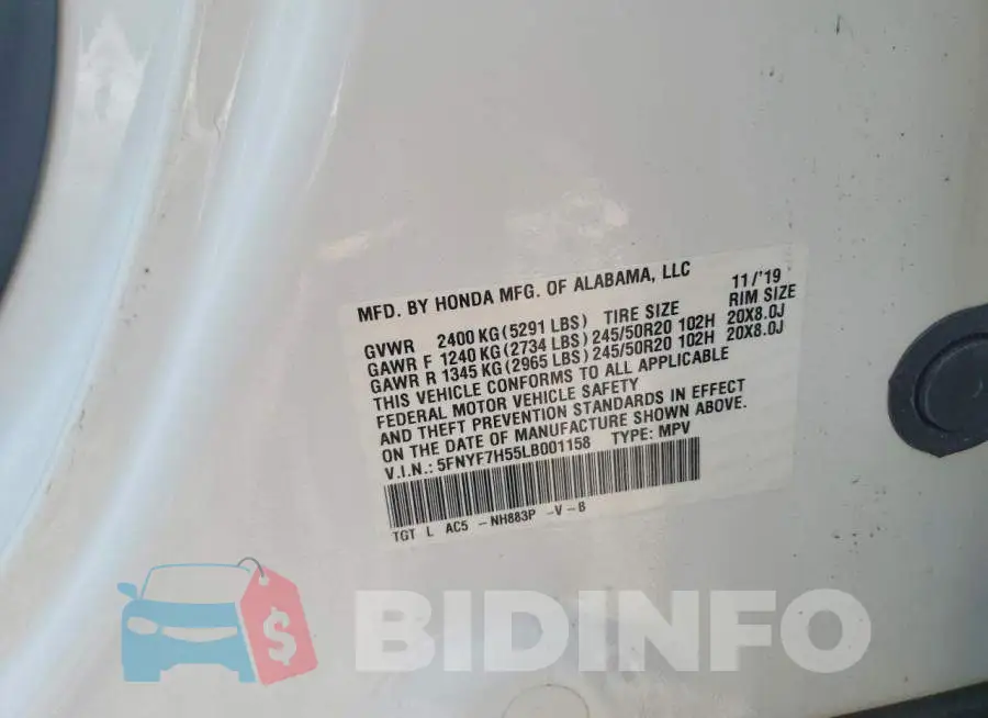 5FNYF7H55LB001158 Photo# 10