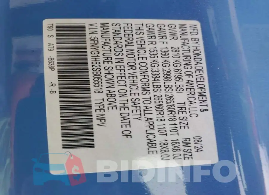 5FNYG1H62SB055518 Photo# 13