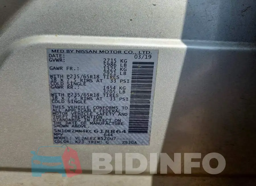 5N1DR2MN4KC618864 Photo# 13
