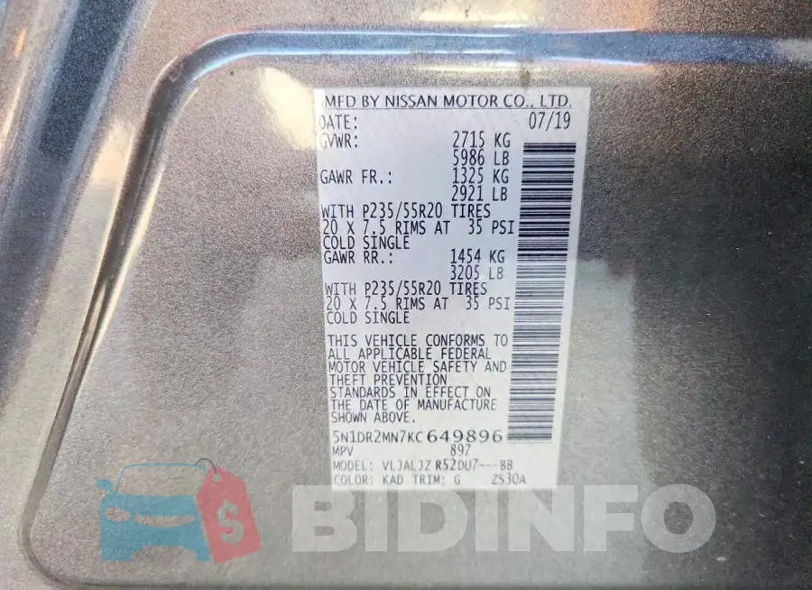 5N1DR2MN7KC649896 Photo# 13