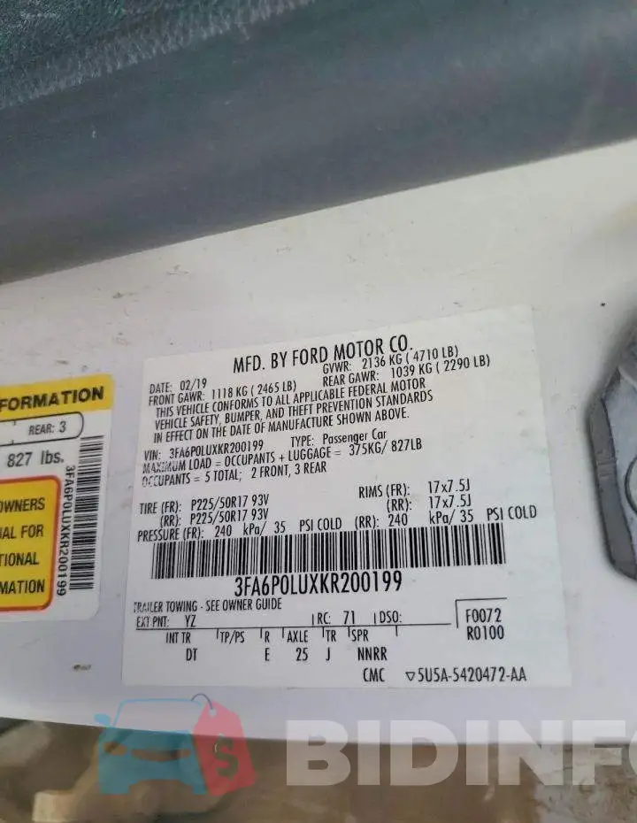 3FA6P0LUXKR200199 Photo# 12