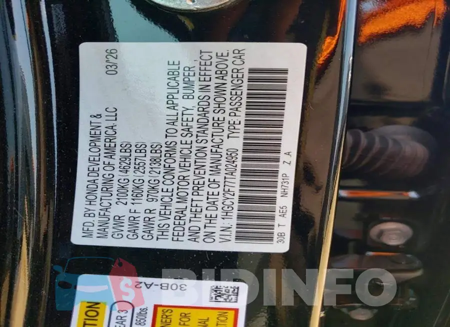 1HGCY2F77TA024950 Photo# 12