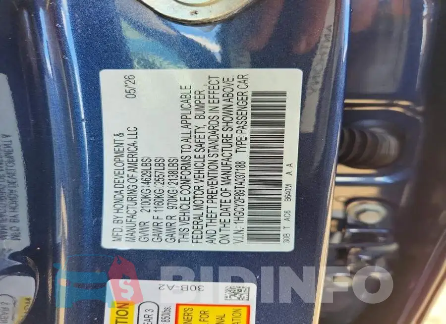 1HGCY2F89TA037188 Photo# 12