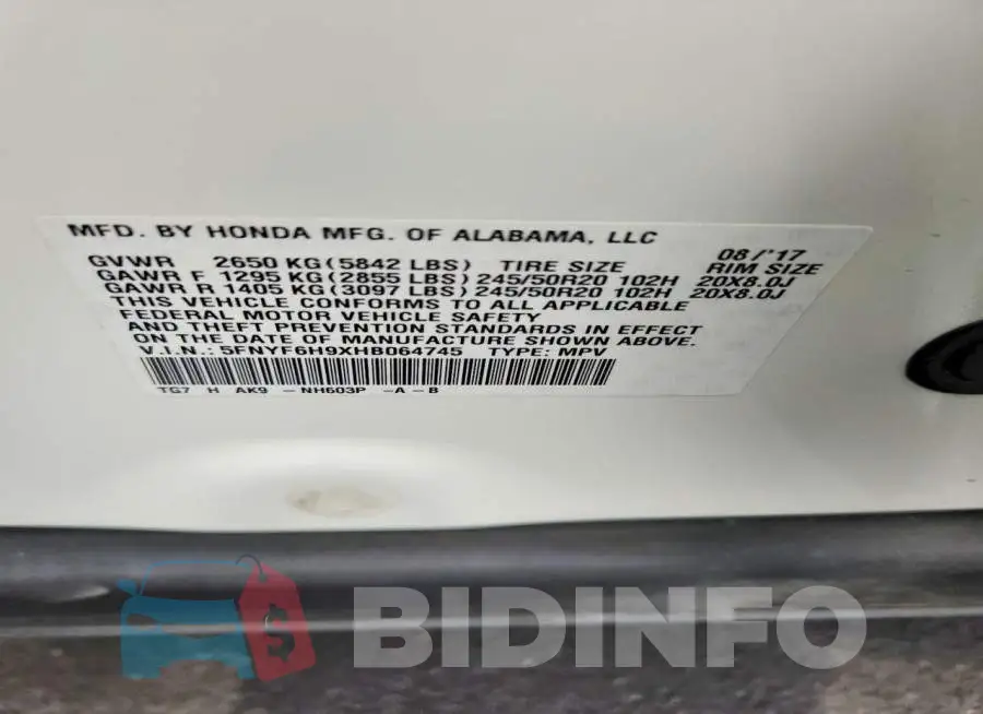 5FNYF6H9XHB064745 Photo# 14