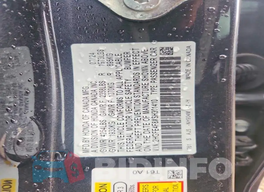 2HGFE4F8XSH301410 Photo# 12