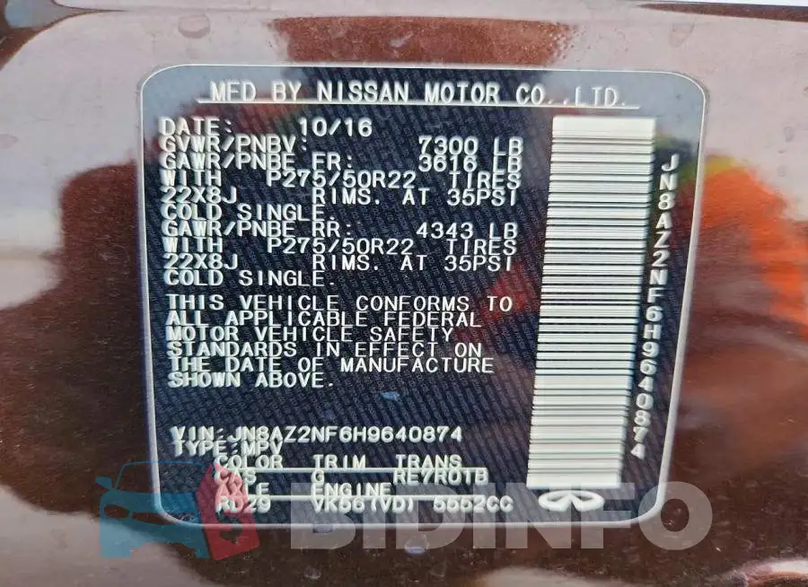 JN8AZ2NF6H9640874 Photo# 13