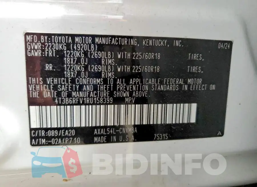 4T3B6RFV1RU158399 Photo# 14