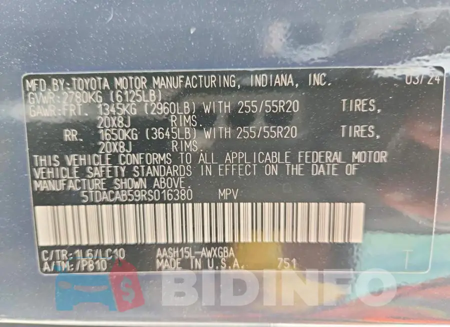 5TDACAB59RS016380 Photo# 13