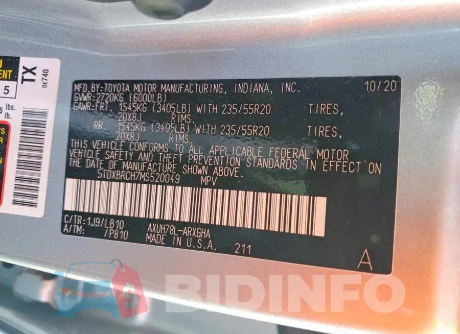 5TDXBRCH7MS520049 Photo# 13