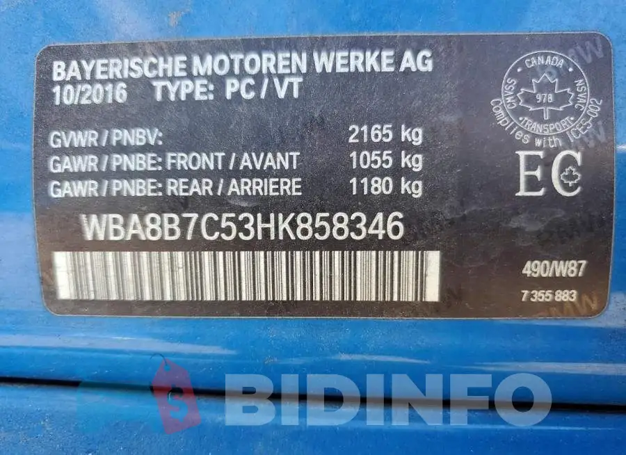 WBA8B7C53HK858346 Photo# 12