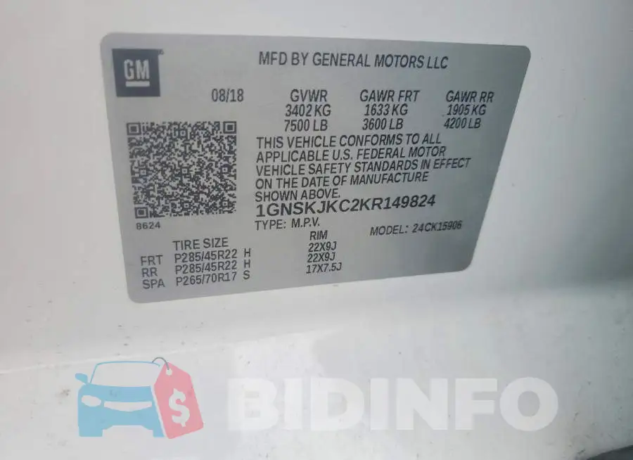 1GNSKJKC2KR149824 Photo# 12