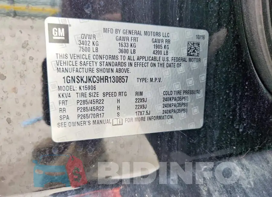 1GNSKJKC9HR130857 Photo# 14