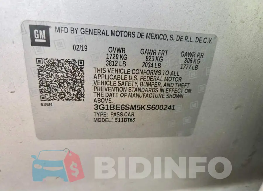 3G1BE6SM5KS600241 Photo# 12