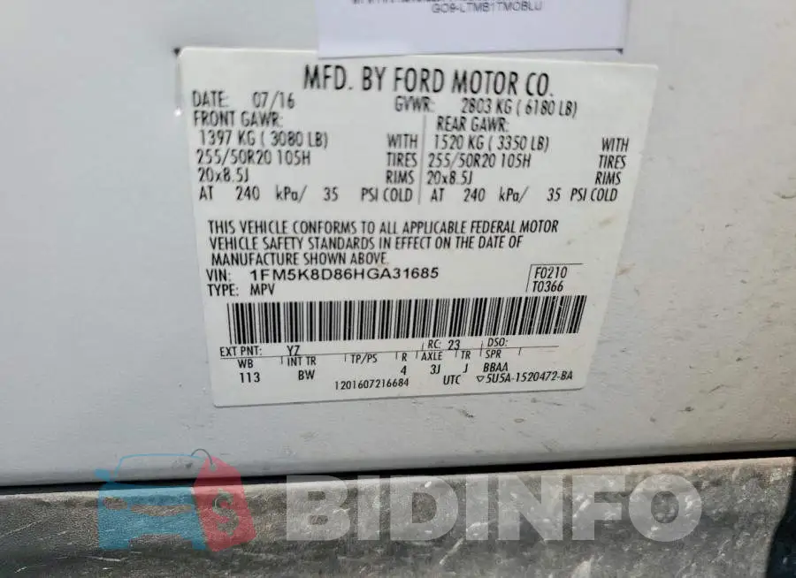 1FM5K8D86HGA31685 Photo# 13