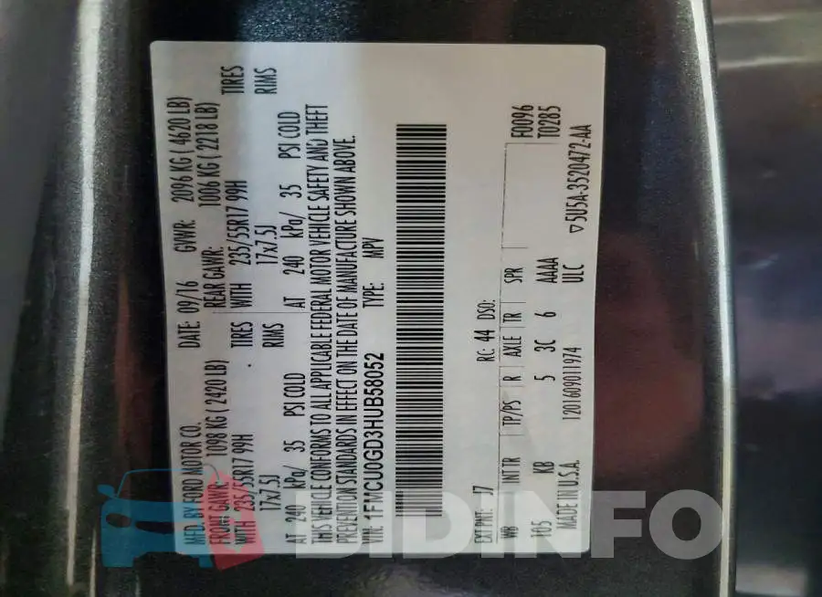 1FMCU0GD3HUB58052 Photo# 13