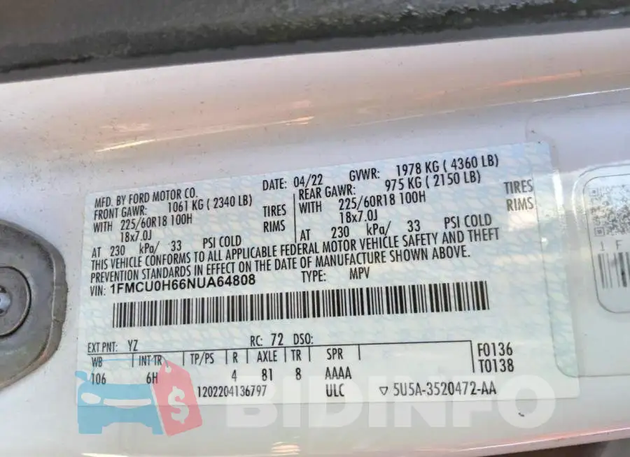 1FMCU0H66NUA64808 Photo# 13