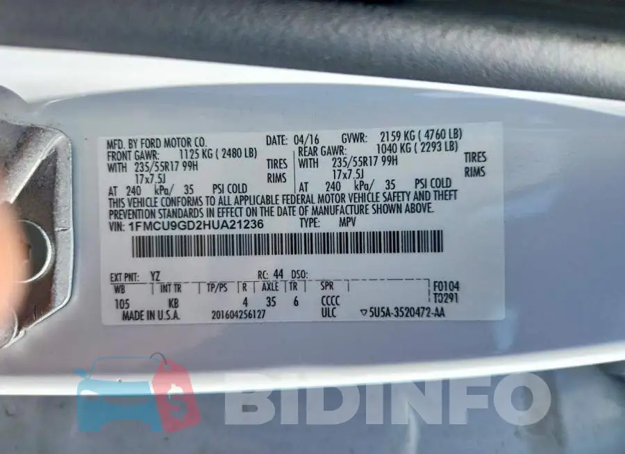 1FMCU9GD2HUA21236 Photo# 13