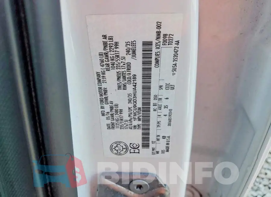 1FMCU9GD3HUA42189 Photo# 13