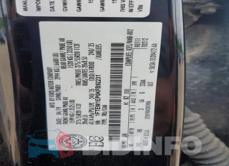 1FTEW1EP0KFB92231 Photo# 12