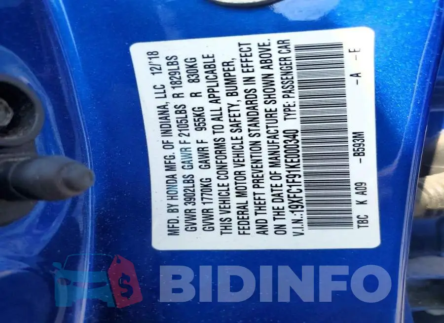 19XFC1F91KE000340 Photo# 12