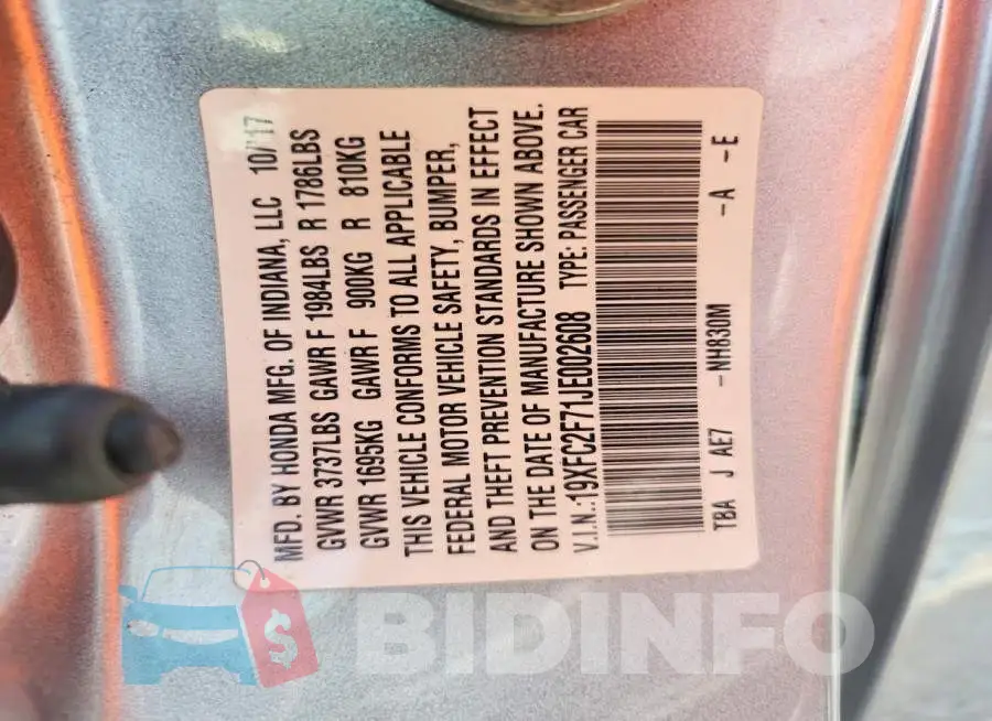 19XFC2F71JE002608 Photo# 13