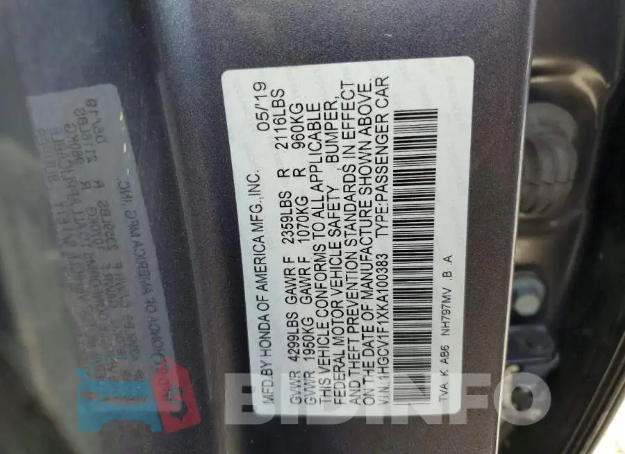 1HGCV1F1XKA100383 Photo# 12