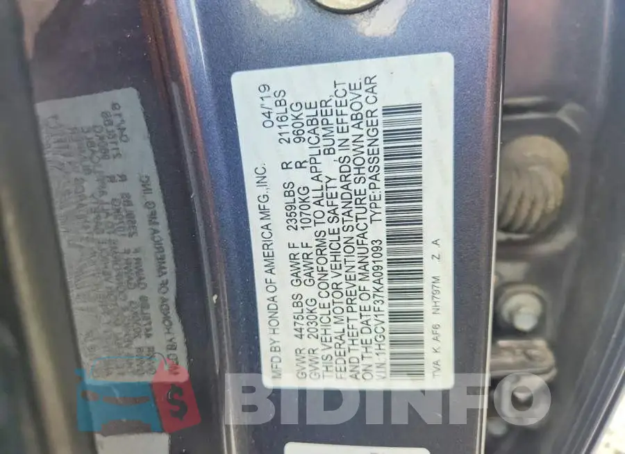 1HGCV1F37KA091093 Photo# 12