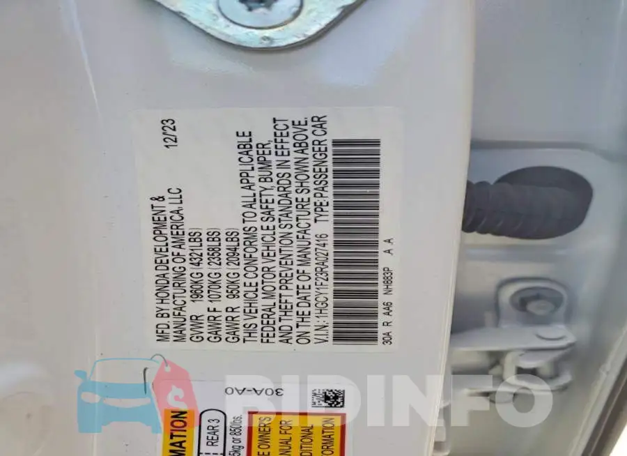 1HGCY1F23RA027416 Photo# 12