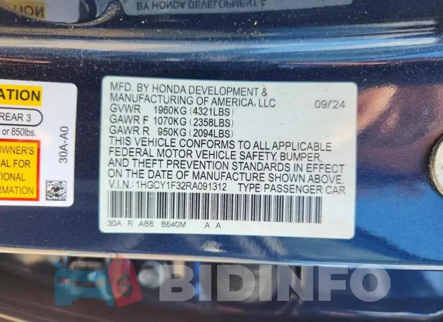 1HGCY1F32RA091312 Photo# 12