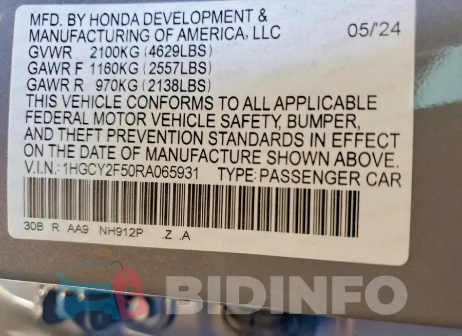 1HGCY2F50RA065931 Photo# 12