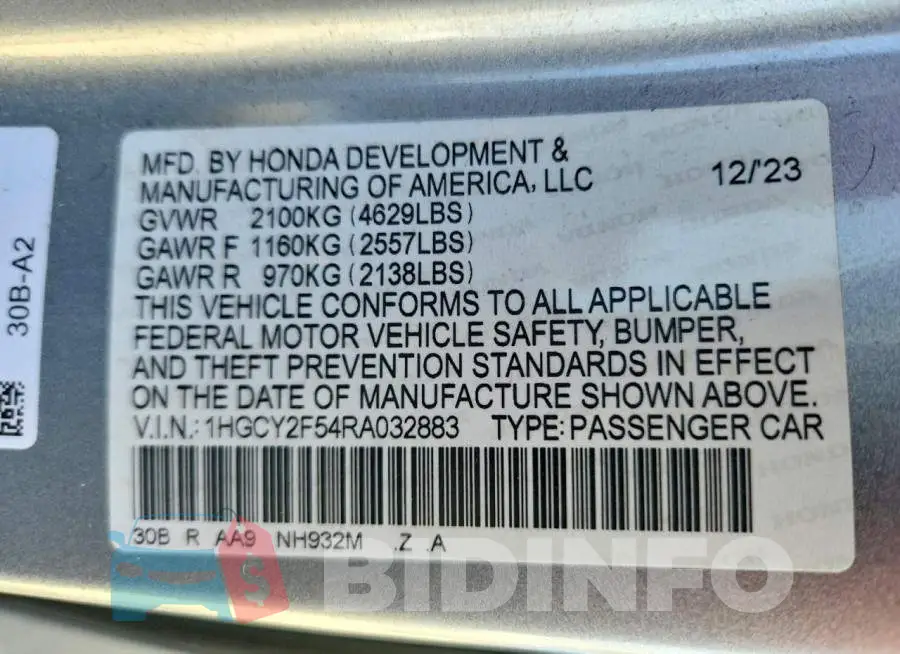 1HGCY2F54RA032883 Photo# 12