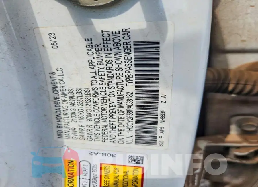 1HGCY2F58PA038182 Photo# 12